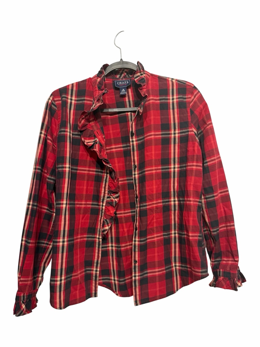 Chaps Red Plaid Ruffle Button-Down Shirt